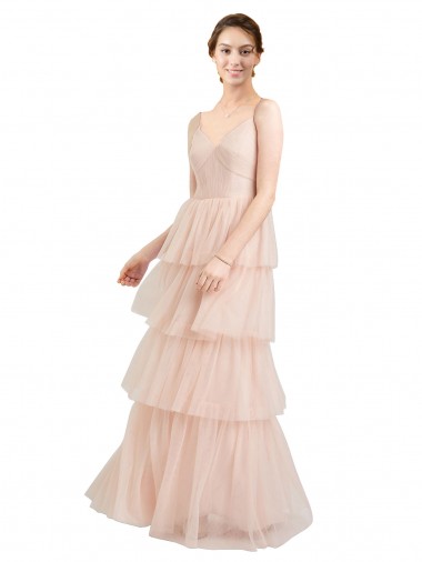Rose Trapèze Col V Tulle Longue Robes demoiselle d'honneur en Gros