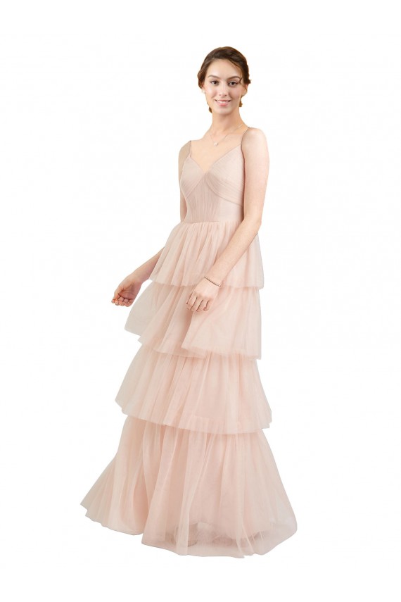 Rose Trapèze Col V Tulle Longue Robes demoiselle d'honneur en Gros