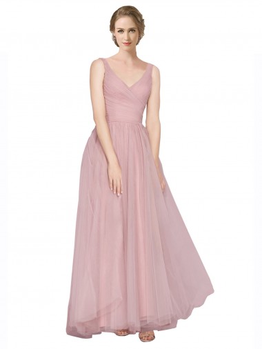 Rose Trapèze Col V Tulle Longue Robes demoiselle d'honneur en Gros