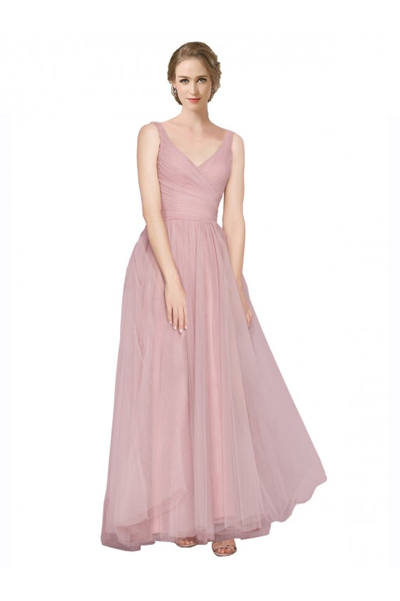 Rose Trapèze Col V Tulle Longue Robes demoiselle d'honneur en Gros
