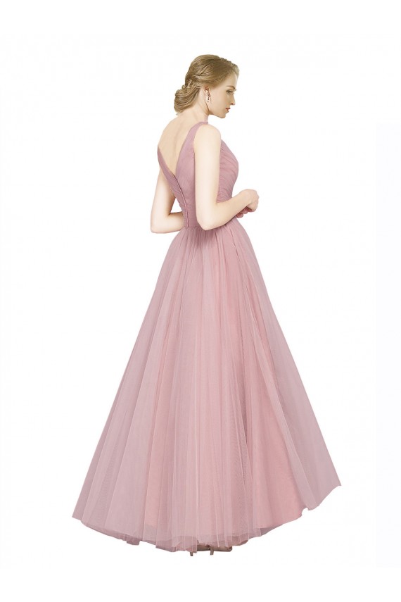 Rose Trapèze Col V Tulle Longue Robes demoiselle d'honneur en Gros