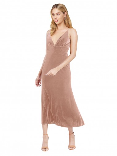 Rose Trapèze Col V midi Velours Stretch Courte Robes demoiselle d'honneur / Robes de bal / Robes de cocktail en Gros