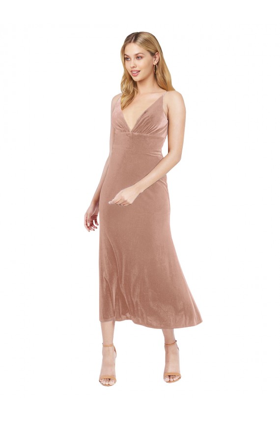 Rose Trapèze Col V midi Velours Stretch Courte Robes demoiselle d'honneur / Robes de bal / Robes de cocktail en Gros