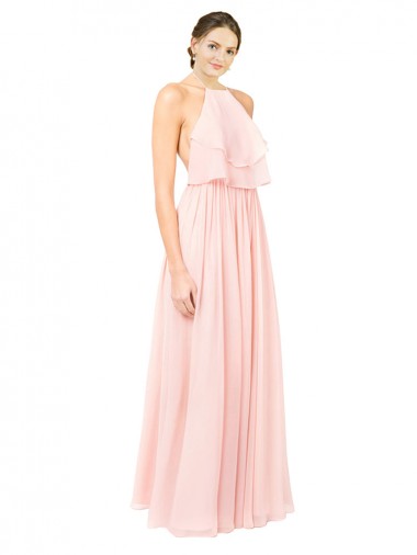 Rose Trapèze Licou Mousseline Longue Robes demoiselle d'honneur en Gros