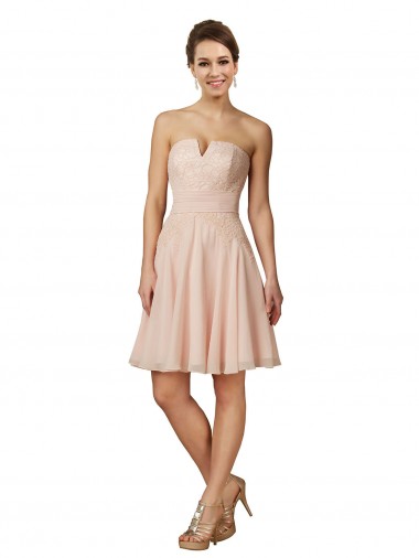 Rose Trapèze Mousseline Dentelle Courte Robes demoiselle d'honneur / Robes de cocktail en Gros