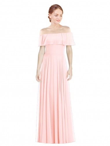 Rose Trapèze Épaule Dénudée Col Carré Mousseline Longue Robes demoiselle d'honneur en Gros
