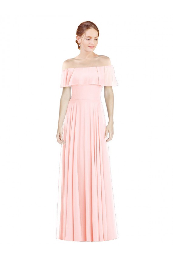 Rose Trapèze Épaule Dénudée Col Carré Mousseline Longue Robes demoiselle d'honneur en Gros