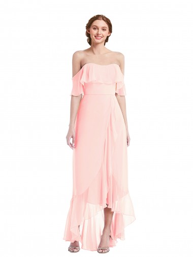 Rose Trapèze Épaule Dénudée Mousseline Longue Asymétrique Robes demoiselle d'honneur en Gros
