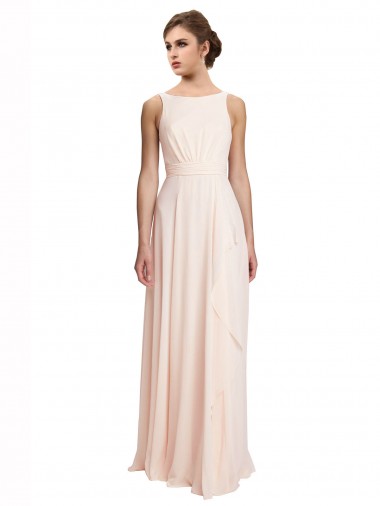 Rose crème Trapèze Bateau Col Haut Mousseline Longue Robes demoiselle d'honneur en Gros