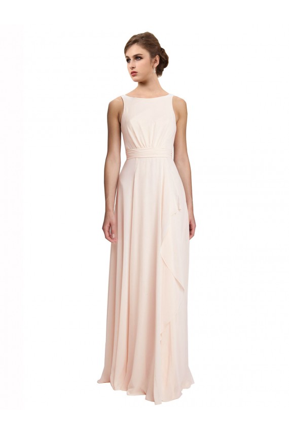 Rose crème Trapèze Bateau Col Haut Mousseline Longue Robes demoiselle d'honneur en Gros