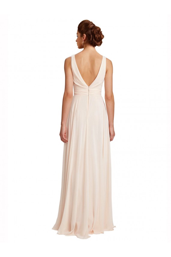 Rose crème Trapèze Bateau Col Haut Mousseline Longue Robes demoiselle d'honneur en Gros