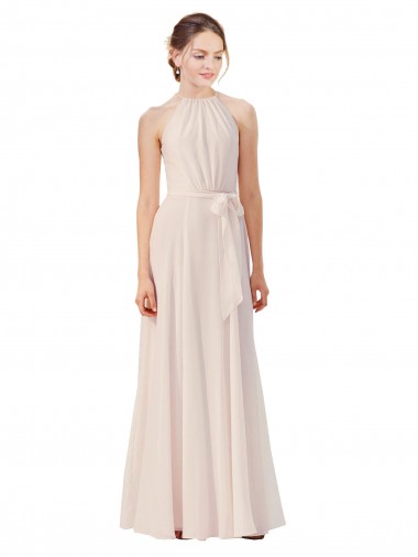 Rose crème Trapèze Bateau Col Haut Mousseline Longue Robes demoiselle d'honneur en Gros