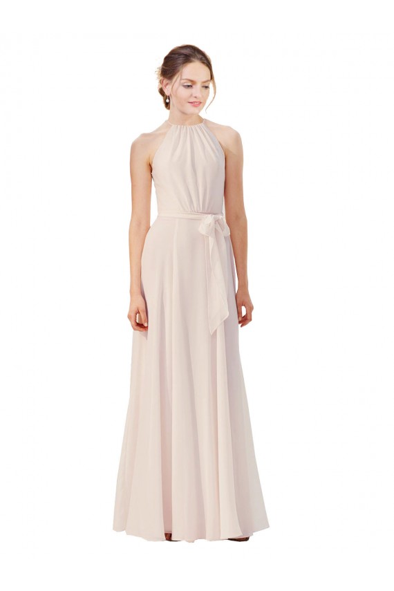 Rose crème Trapèze Bateau Col Haut Mousseline Longue Robes demoiselle d'honneur en Gros