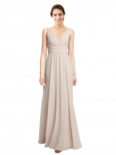 Rose crème Trapèze Col V Mousseline Longue Robes demoiselle d'honneur en Gros