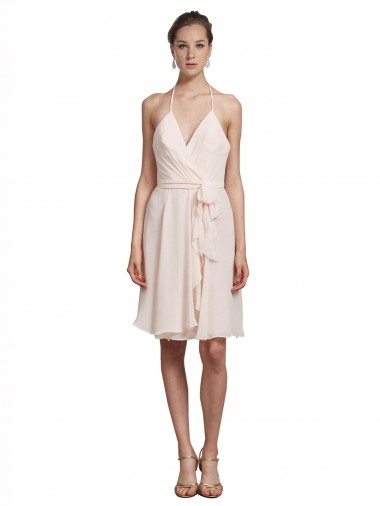 Rose crème Trapèze Licou Col V Mousseline Courte Robes demoiselle d'honneur / Robes de cocktail en Gros