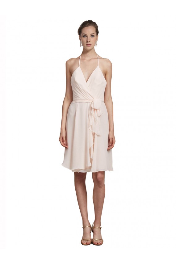 Rose crème Trapèze Licou Col V Mousseline Courte Robes demoiselle d'honneur / Robes de cocktail en Gros
