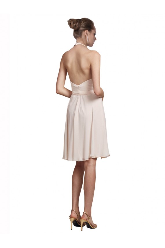 Rose crème Trapèze Licou Col V Mousseline Courte Robes demoiselle d'honneur / Robes de cocktail en Gros