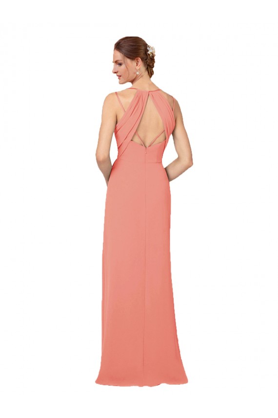 Rose du Désert Fourreau Col V Mousseline Longue Robes demoiselle d'honneur en Gros