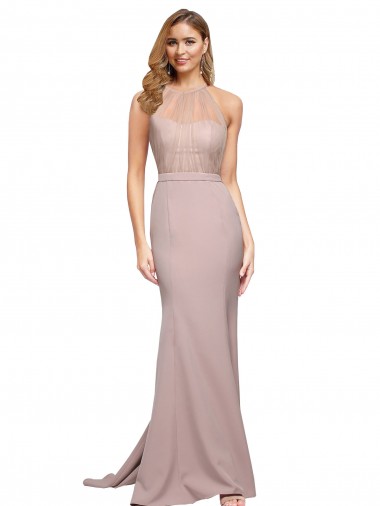 Rose poussiéreux Fourreau Col Haut Balayage train Crêpe Stretch Longue Formelles Robes demoiselle d'honneur / Robes de soirée / Robes de bal en Gros