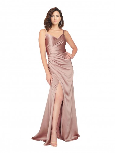 Rose poussiéreux Fourreau Col V Satiné Soyeux Longue Formelles Robes demoiselle d'honneur / Robes de soirée / Robes de bal en Gros