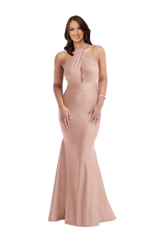 Rose poussiéreux Sirène Licou Satiné Soyeux Longue Formelles Robes demoiselle d'honneur / Robes de soirée / Robes de bal en Gros