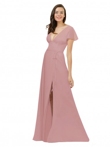 Rose poussiéreux Trapèze Col V Mousseline Longue Robes demoiselle d'honneur en Gros