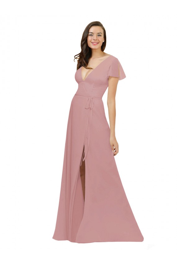 Rose poussiéreux Trapèze Col V Mousseline Longue Robes demoiselle d'honneur en Gros