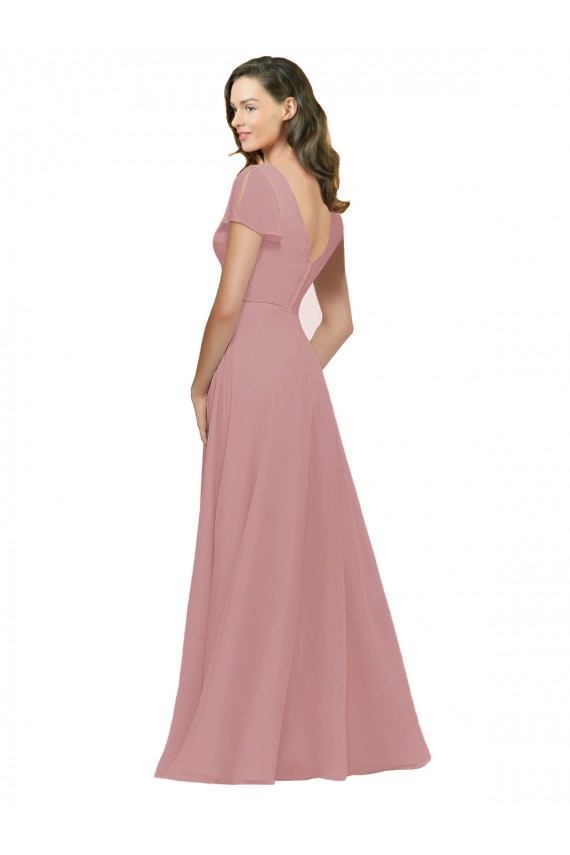 Rose poussiéreux Trapèze Col V Mousseline Longue Robes demoiselle d'honneur en Gros