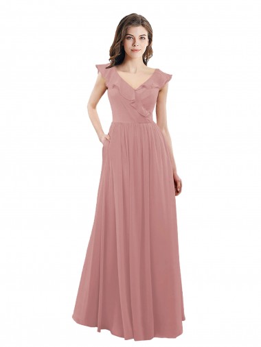 Rose poussiéreux Trapèze Col V Mousseline Longue Robes demoiselle d'honneur en Gros