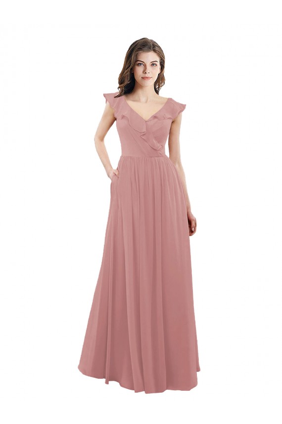 Rose poussiéreux Trapèze Col V Mousseline Longue Robes demoiselle d'honneur en Gros