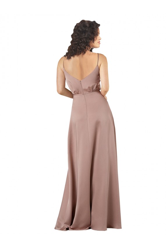 Rose poussiéreux Trapèze Col V Satiné Soyeux Longue Formelles Robes demoiselle d'honneur / Robes de soirée en Gros