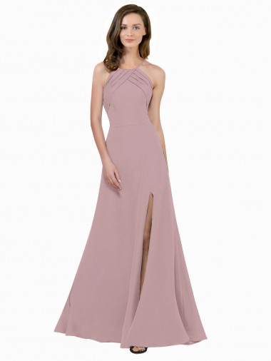 Rose poussiéreux Trapèze Col bijou Col Haut Crêpe Stretch Longue Robes demoiselle d'honneur / Robes de bal en Gros