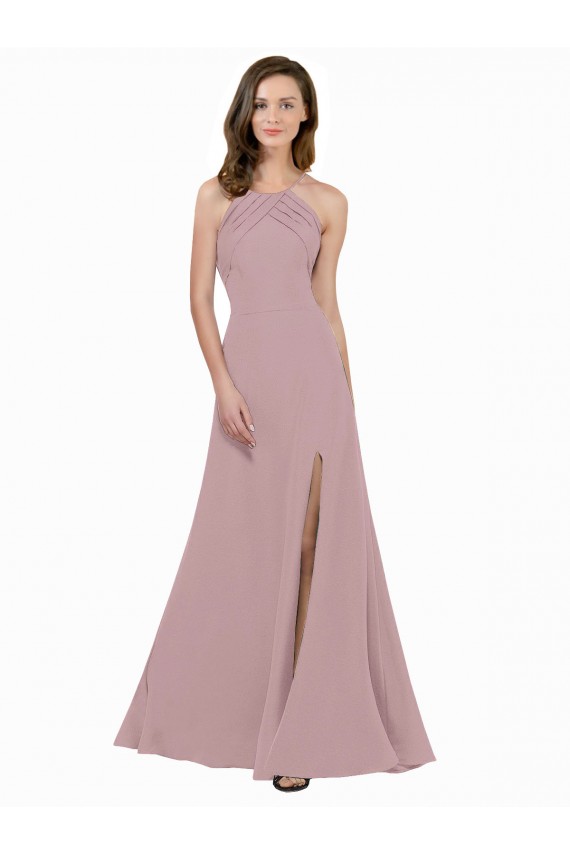 Rose poussiéreux Trapèze Col bijou Col Haut Crêpe Stretch Longue Robes demoiselle d'honneur / Robes de bal en Gros