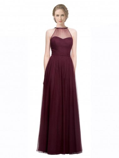 Rouge 74 Trapèze Licou Illusion Tulle Longue Robes demoiselle d'honneur en Gros
