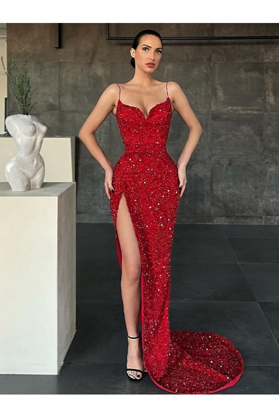 Rouge Fourreau Col V Balayage train Paillettes Velours Longue Robes de bal en Gros
