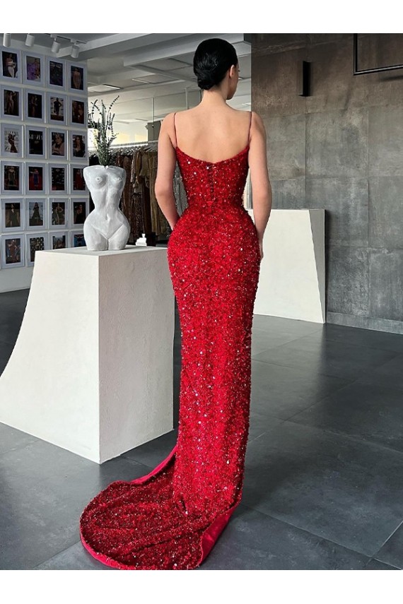 Rouge Fourreau Col V Balayage train Paillettes Velours Longue Robes de bal en Gros
