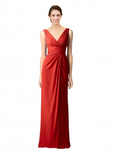 Rouge Fourreau Col V Mousseline Longue Robes demoiselle d'honneur en Gros