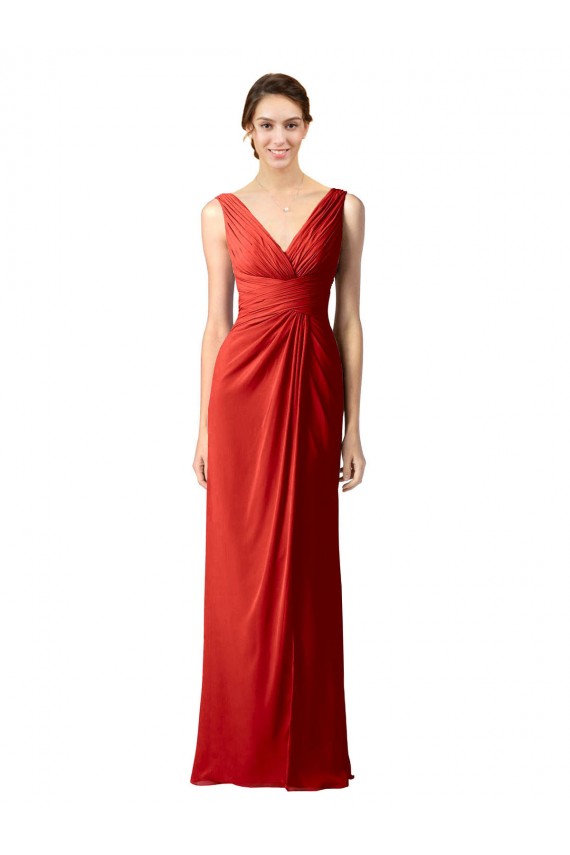 Rouge Fourreau Col V Mousseline Longue Robes demoiselle d'honneur en Gros