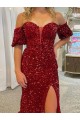 Rouge Fourreau Épaule Dénudée Traîne moyenne Paillettes Velours Longue Robes de bal en Gros