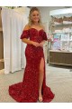 Rouge Fourreau Épaule Dénudée Traîne moyenne Paillettes Velours Longue Robes de bal en Gros
