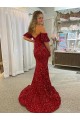 Rouge Fourreau Épaule Dénudée Traîne moyenne Paillettes Velours Longue Robes de bal en Gros