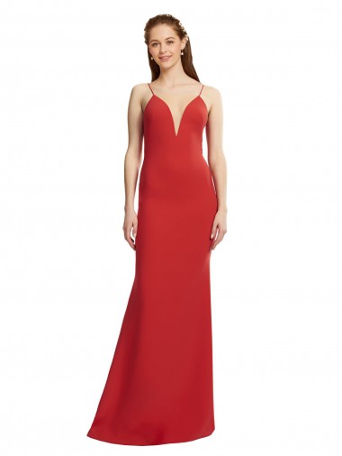 Rouge Sirène Bretelles spaghetti Col V Crêpe Stretch Longue Formelles Robes demoiselle d'honneur / Robes de soirée / Robes de bal en Gros