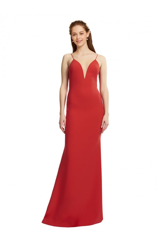 Rouge Sirène Bretelles spaghetti Col V Crêpe Stretch Longue Formelles Robes demoiselle d'honneur / Robes de soirée / Robes de bal en Gros