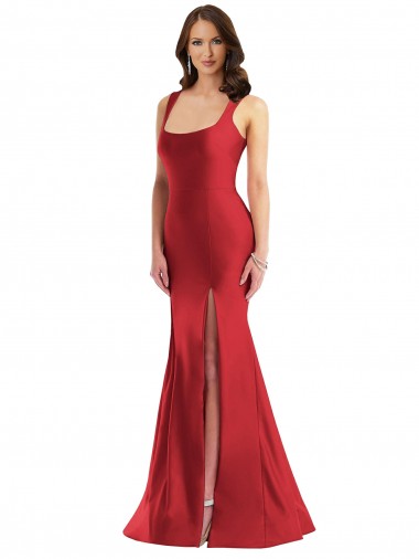 Rouge Sirène Col Carré Satiné Soyeux Longue Formelles Robes demoiselle d'honneur / Robes de soirée / Robes de bal en Gros