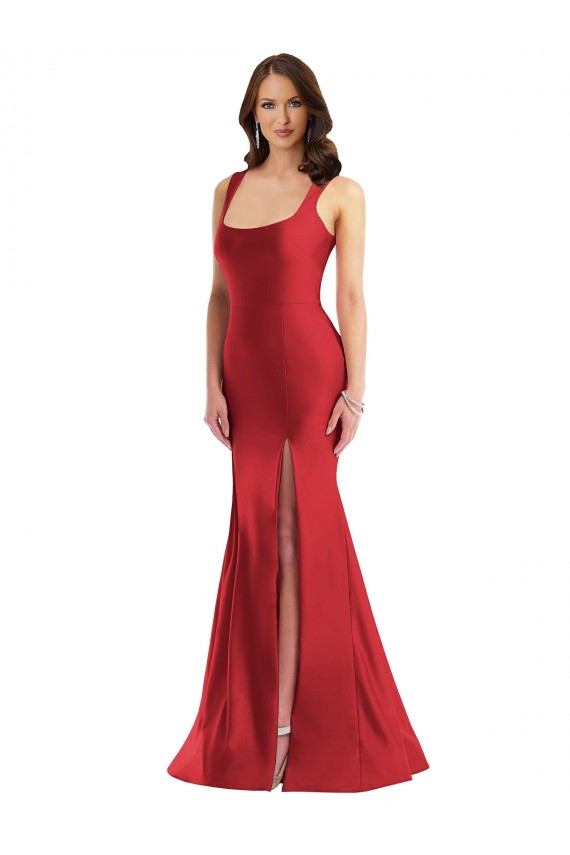 Rouge Sirène Col Carré Satiné Soyeux Longue Formelles Robes demoiselle d'honneur / Robes de soirée / Robes de bal en Gros