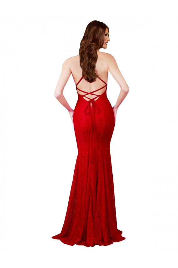 Rouge Sirène Col V Dentelle Longue Formelles Robes demoiselle d'honneur / Robes de soirée / Robes de bal en Gros