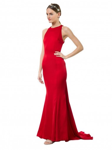 Rouge Sirène Licou Col Haut Crêpe Stretch Longue Formelles Robes demoiselle d'honneur / Robes de soirée / Robes de bal en Gros