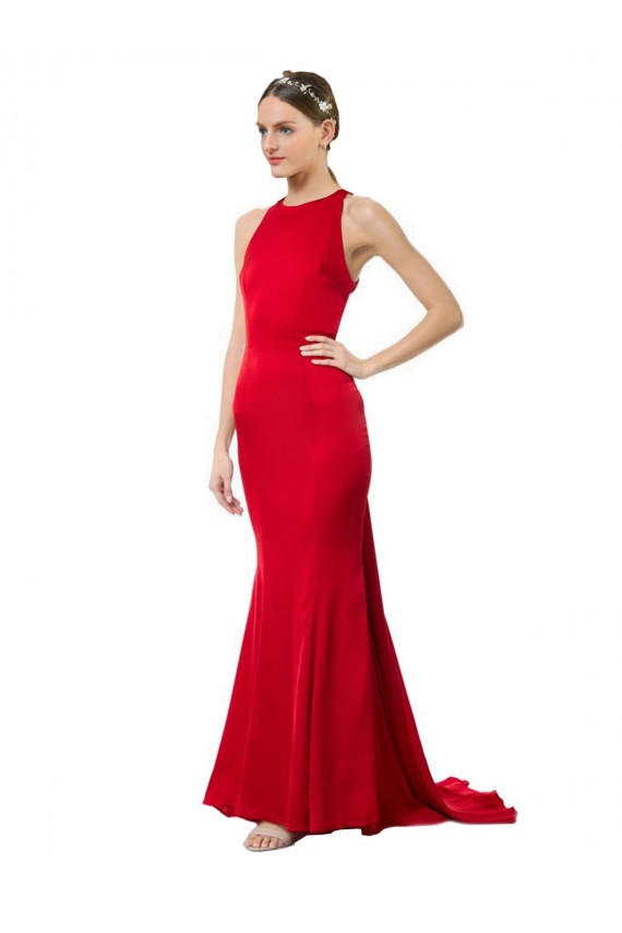 Rouge Sirène Licou Col Haut Crêpe Stretch Longue Formelles Robes demoiselle d'honneur / Robes de soirée / Robes de bal en Gros