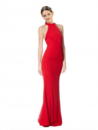 Rouge Sirène Licou Col Haut Crêpe Stretch Longue Formelles Robes demoiselle d'honneur / Robes de soirée / Robes de bal en Gros