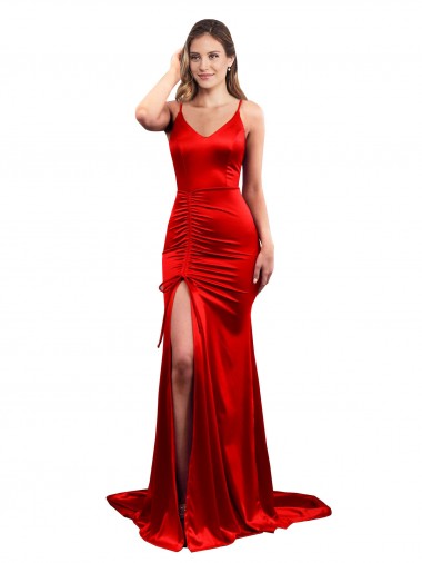 Rouge Sirène Satiné Stretch Longue Formelles Robes demoiselle d'honneur / Robes de soirée / Robes de bal en Gros
